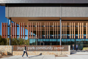Joyner Park Community Center Exterior Front with Sign and Front Porch
