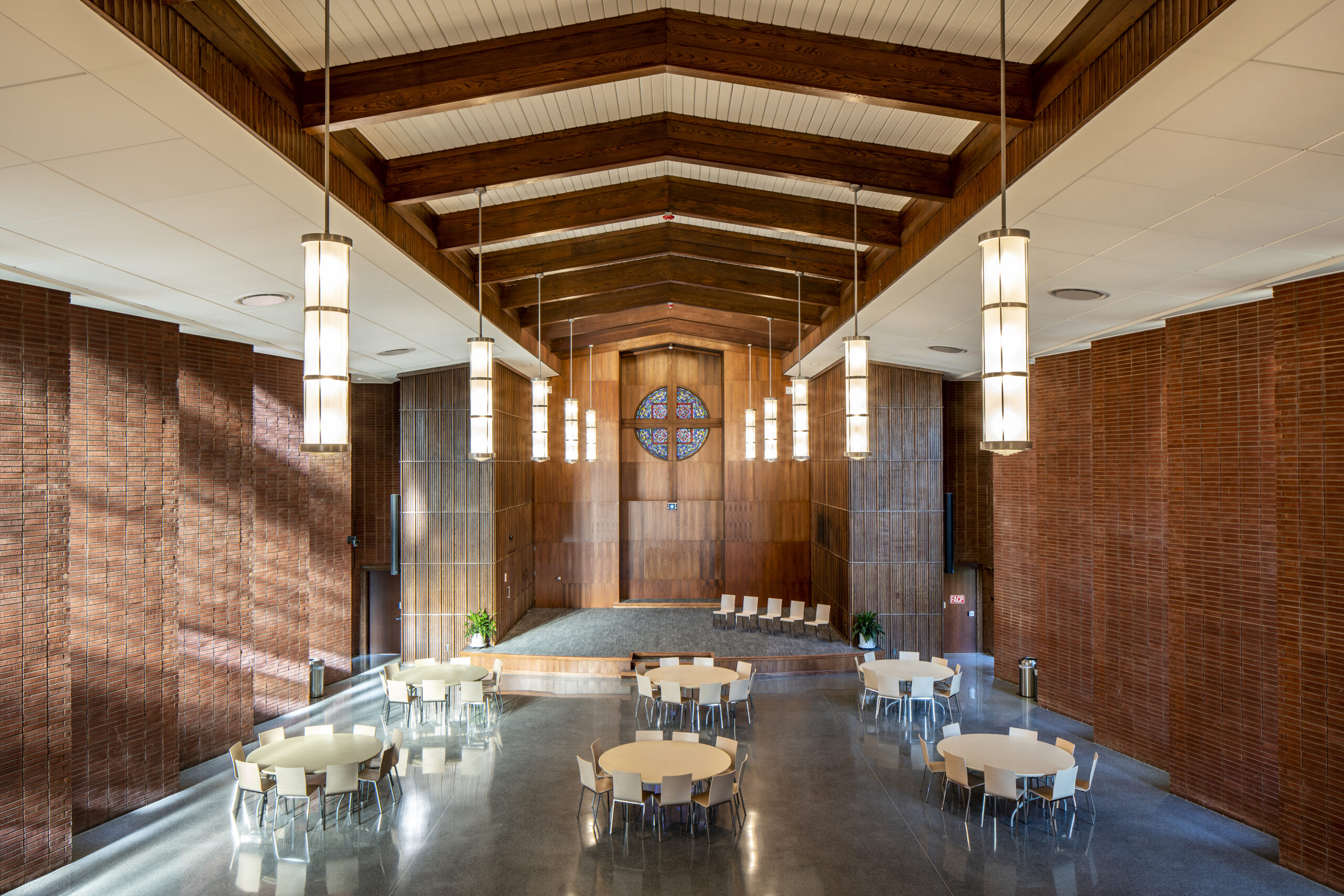 Greg Poole, Jr. All Faiths Chapel Nave Looking into Chancel with Tables and Chairs for Event