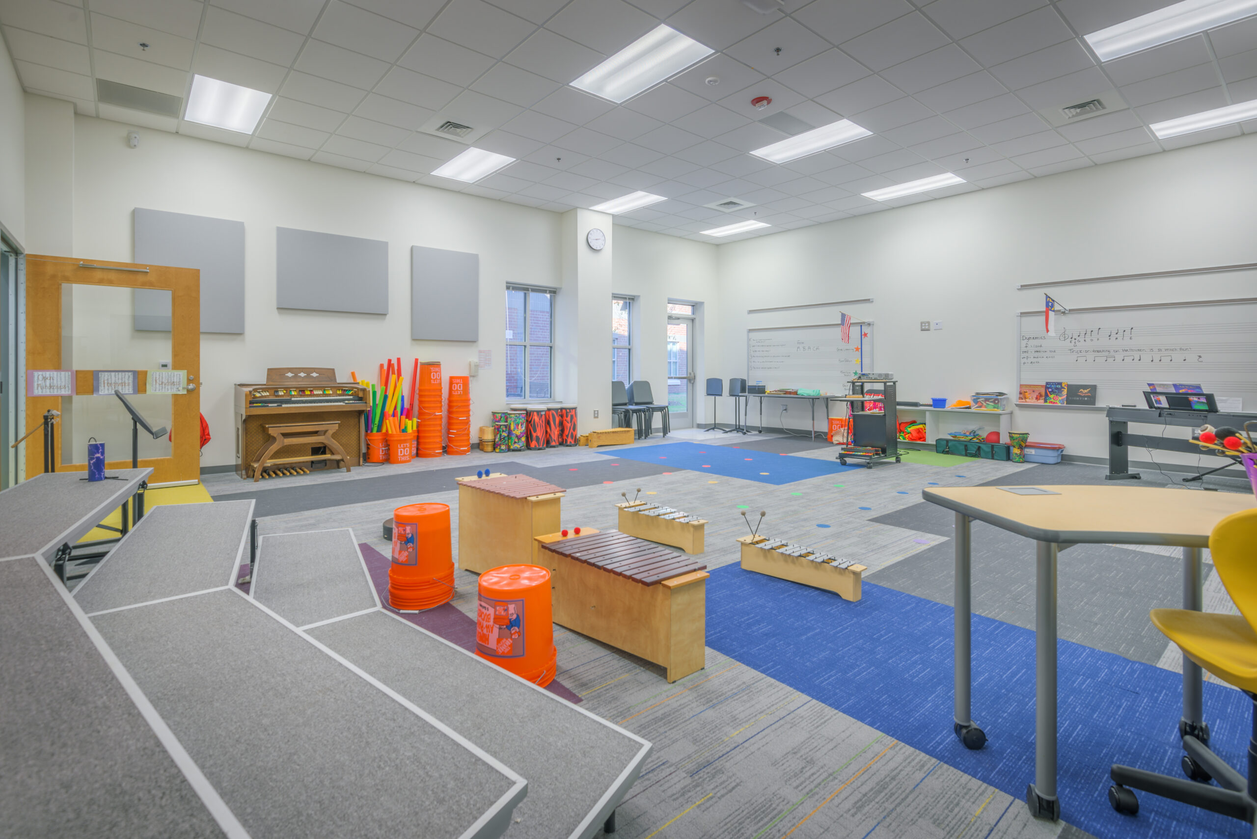 Barton Pond Elementary School Music Room with Risers, Xylophones, and a Piano