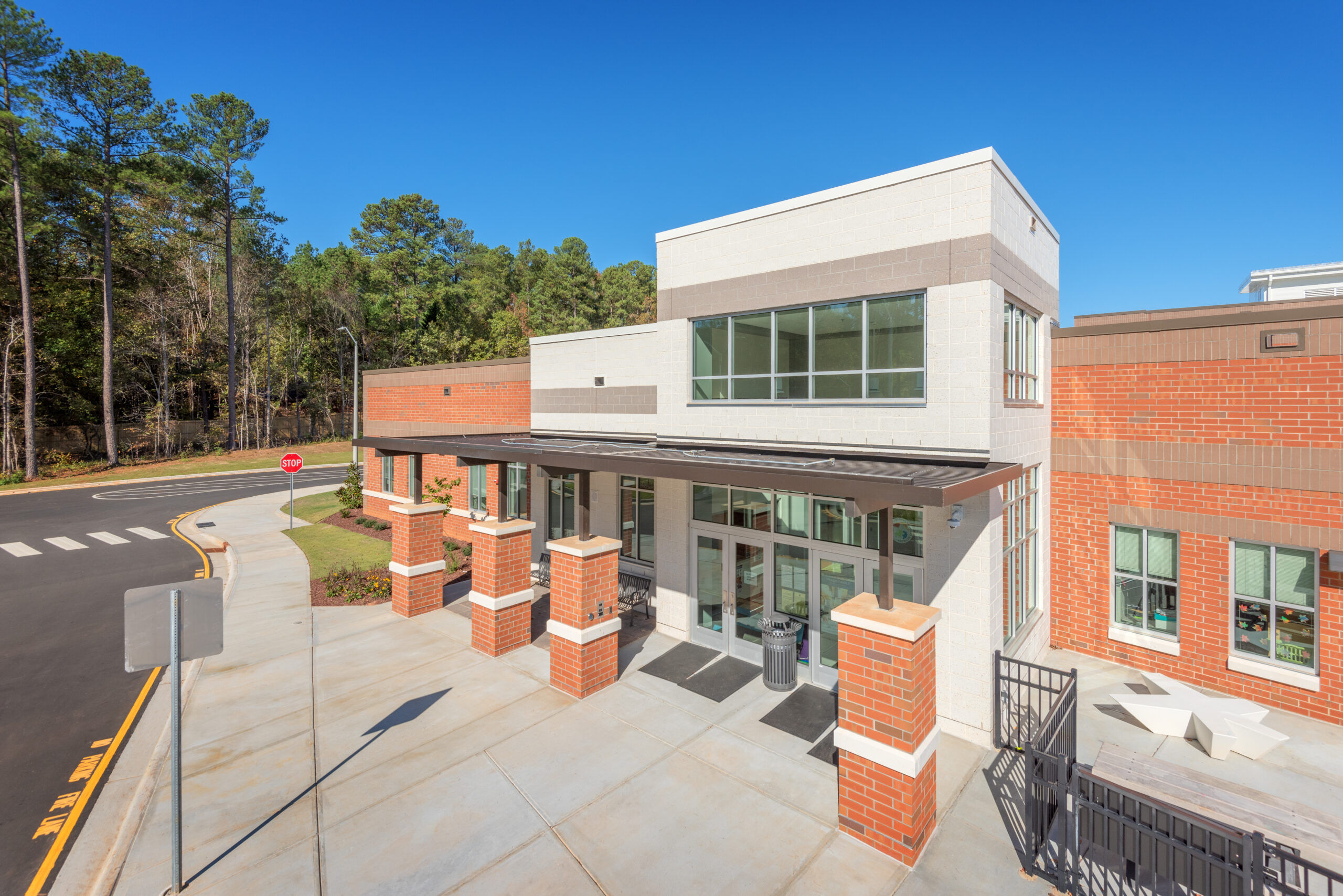 Barton Pond Elementary School Front Entrance with Brick Columns and Canopy Over Entrance Doors