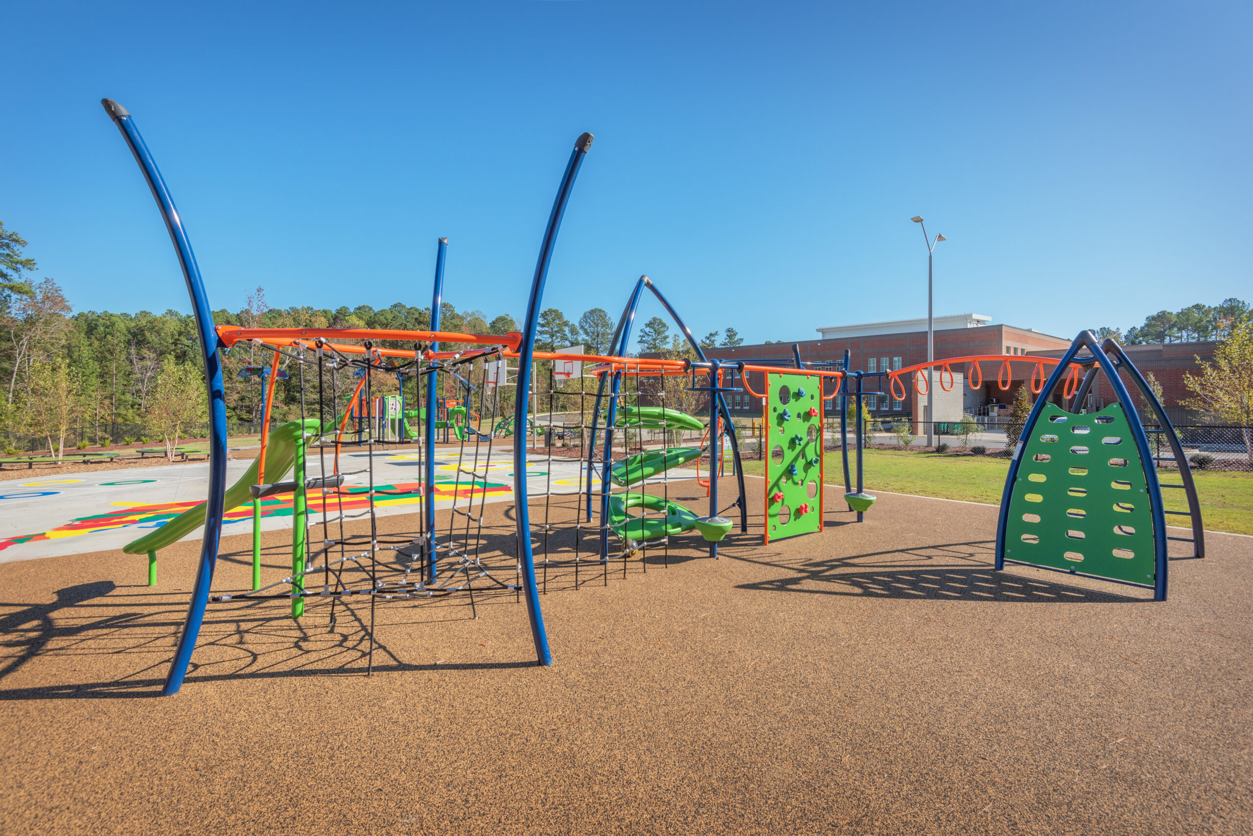 Barton Pond Elementary School Larger Playground Rope Climbing Walls and Orange Monkey Bars