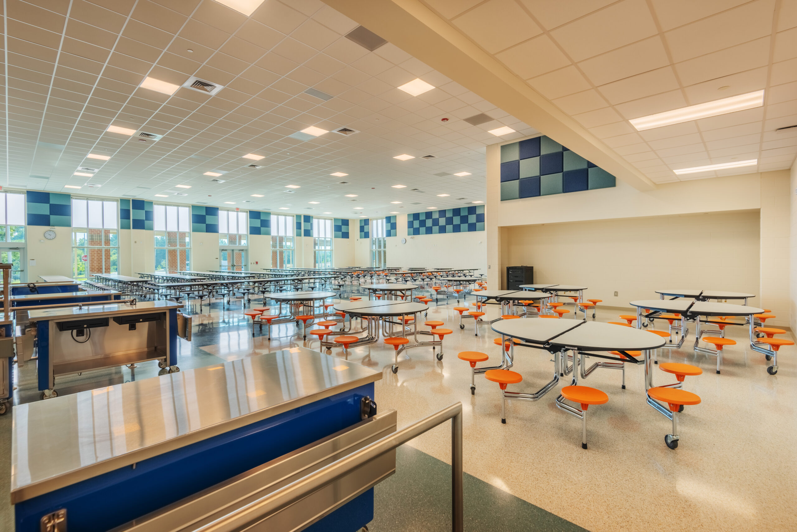 Neuse River Middle School Cafeteria with Dining Tables and Serving Lines