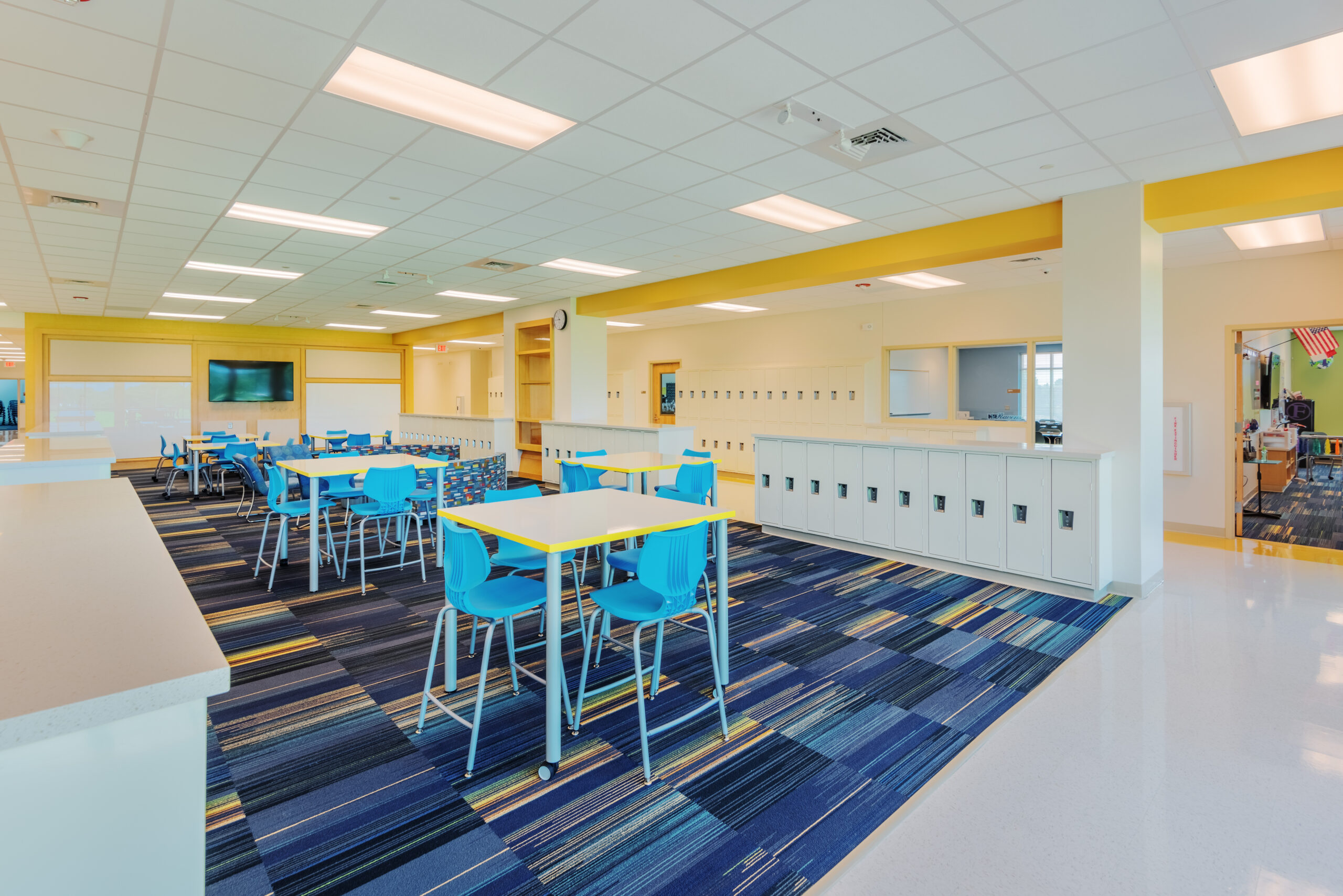 Neuse River Middle School Flex Space with Lockers, Tables, and Chairs