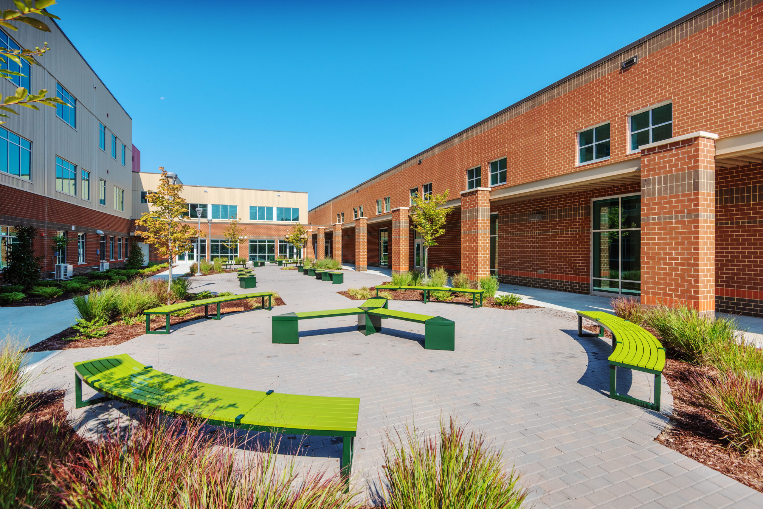 Neuse River Middle School Courtyard with Lime Green Benches