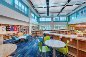 Neuse River Middle School Media Center with Full Bookshelves and Reading Areas
