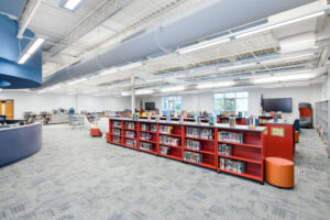 Trask Middle School Media Center with Full Bookshelves