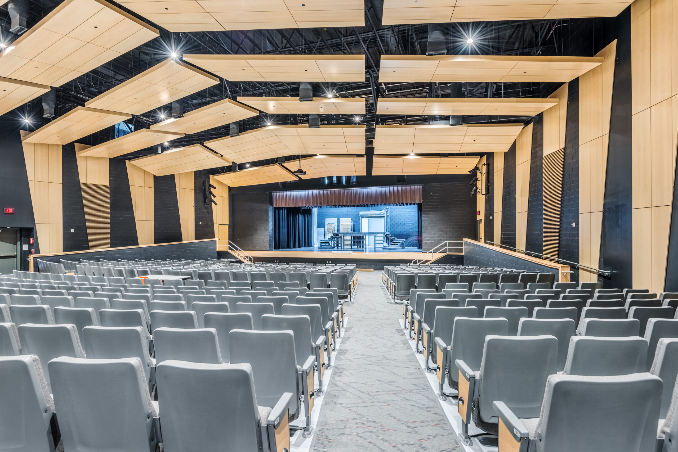 Fuquay-Varina High School Auditorium Stage and Light Wood Panel Wall and Ceiling Decor