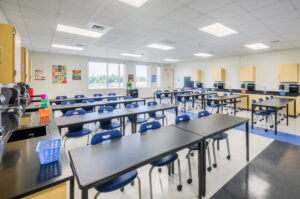 Science Classroom with Sinks, Desks, and Chairs